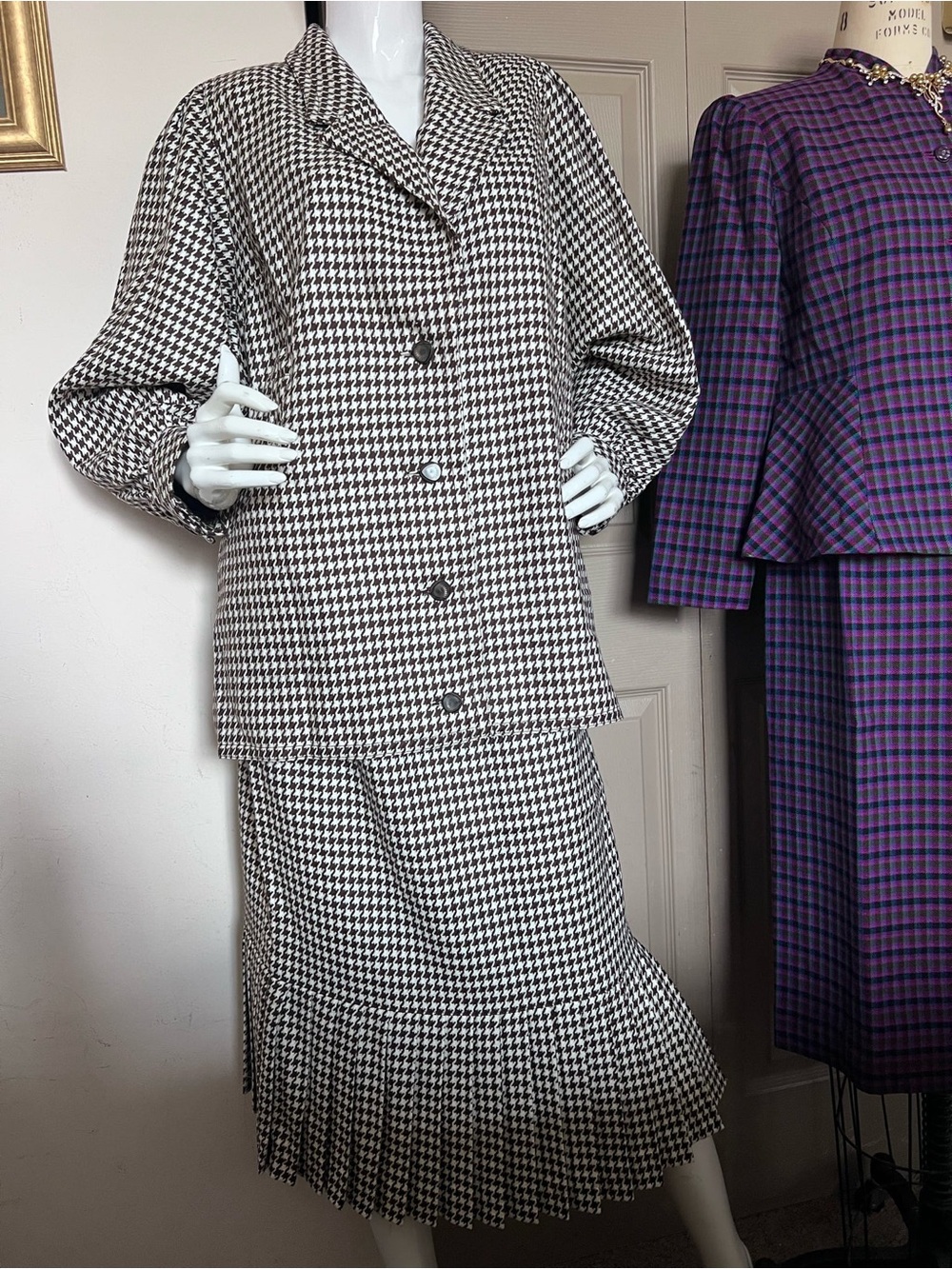 Houndstooth Pleated Midi Skirt Set - Black & White